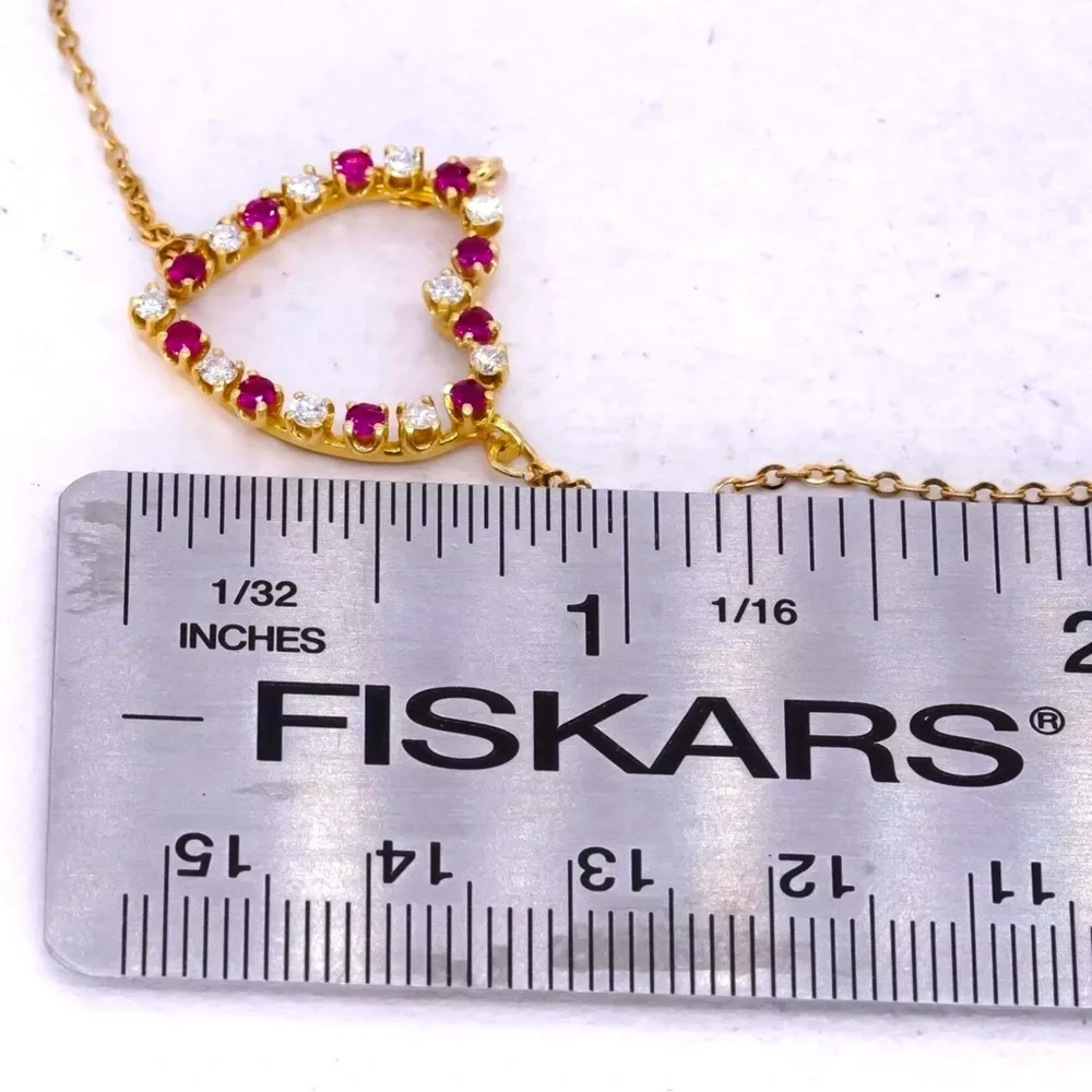 🌹SOLD! ❌ 18K Open Heart Red Ruby Diamond Necklace - Picture 10 of 11